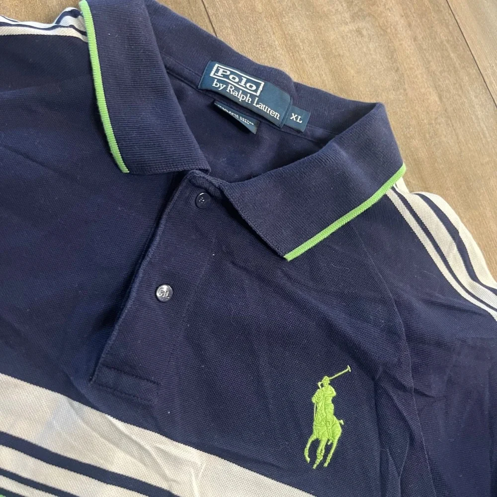 Polo‎ Ralph Lauren Mens XL Polo Shirt Navy Blue Green Stripe XL Bin P-201